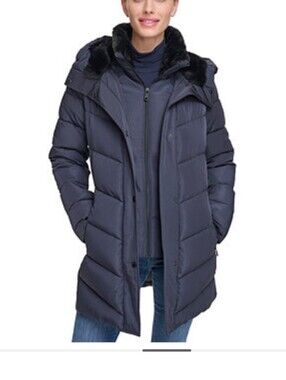 Calvin Klein Women's Hooded Puffer Long Coat Navy Size Medium Nwt